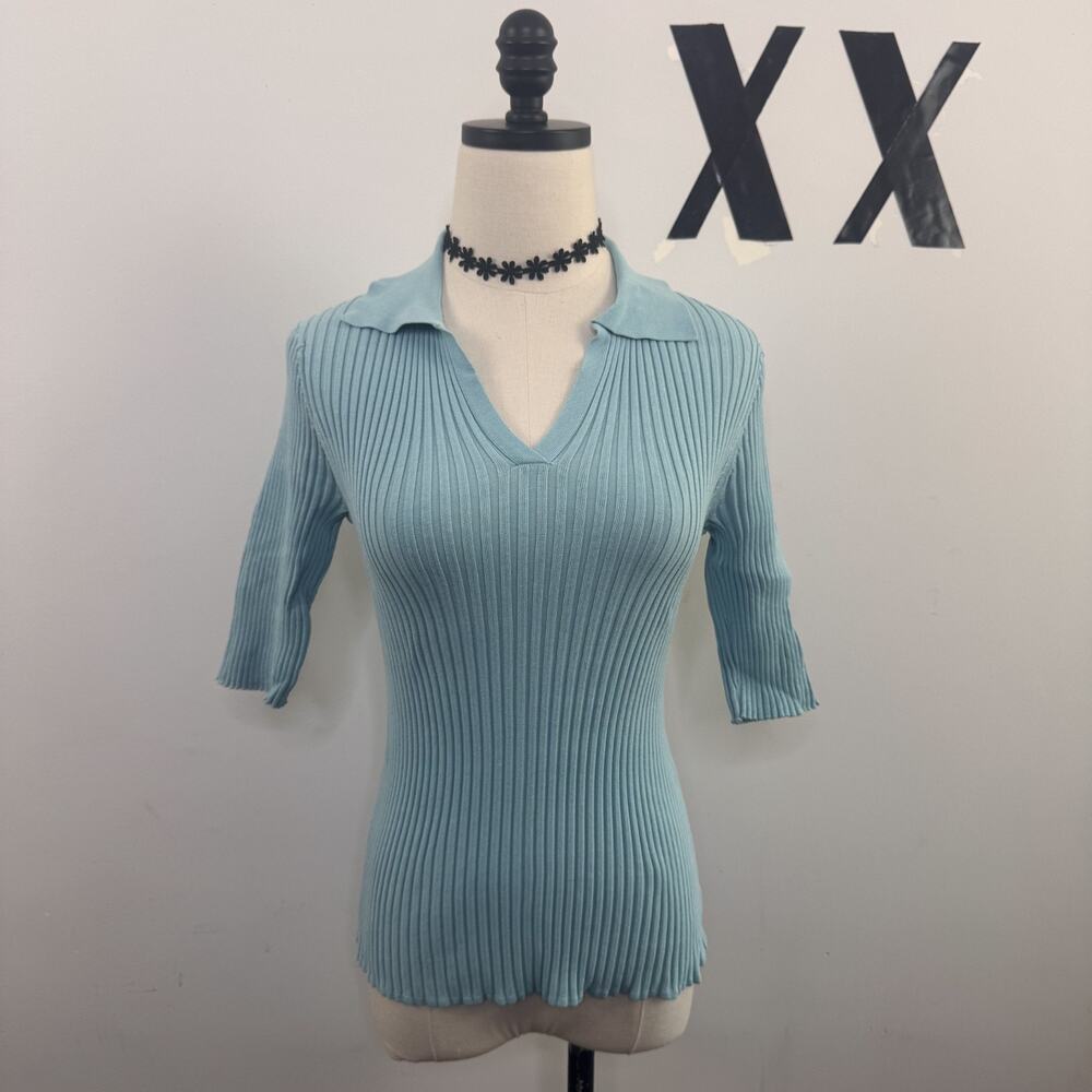 Vintage 90s Aqua Silk Blend Ribbed Collared Top Fitted V Neck Indie Minimal L